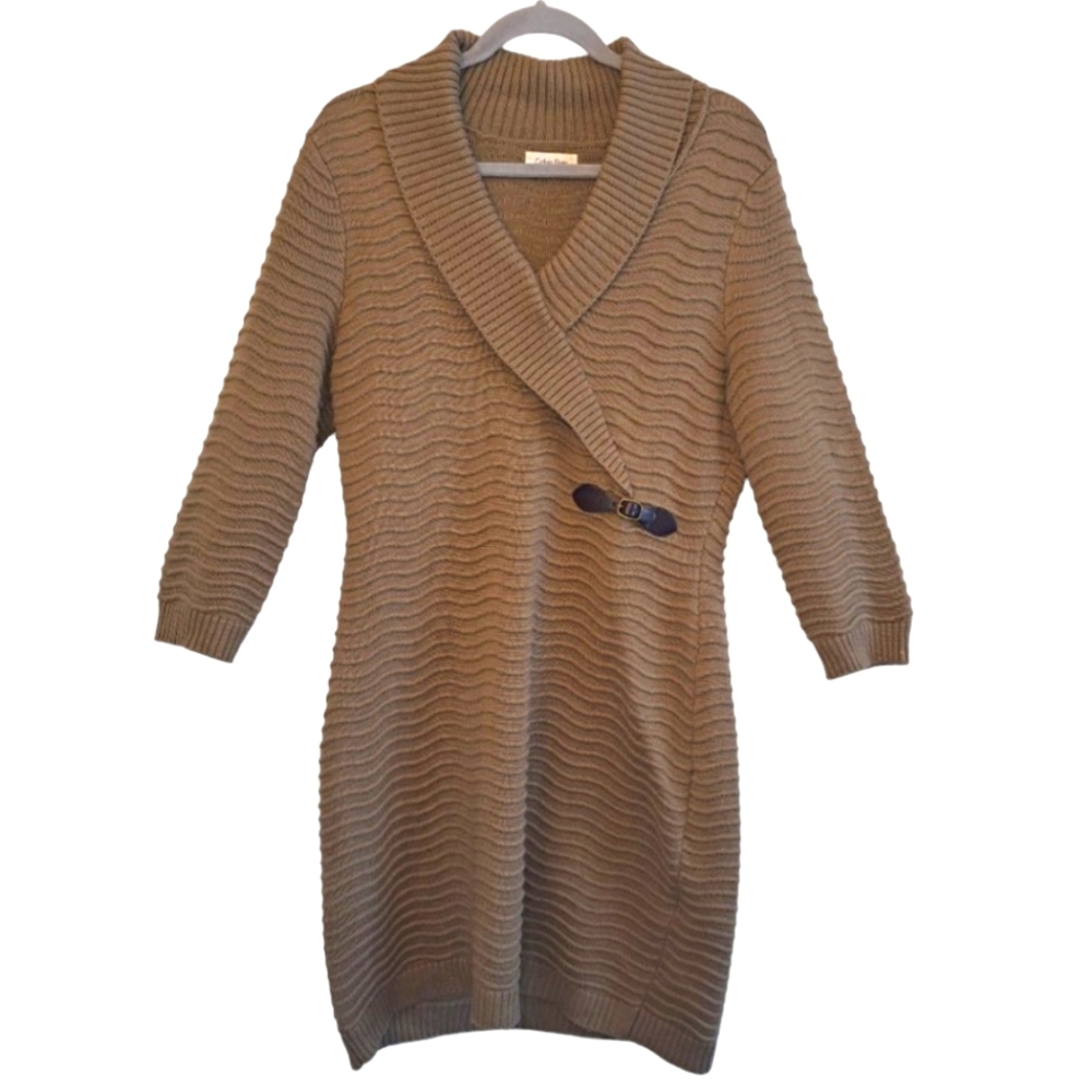 Calvin Klein Taupe Shawl Collar Knit Sweater Dress Size Large